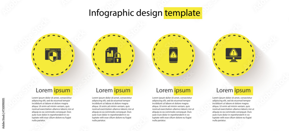 Poster set browser with shield, document and lock, mobile exclamation mark and monitor. business infographi