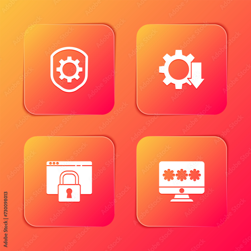 Poster set shield with settings gear, cost reduction, secure your site https, ssl and monitor password icon