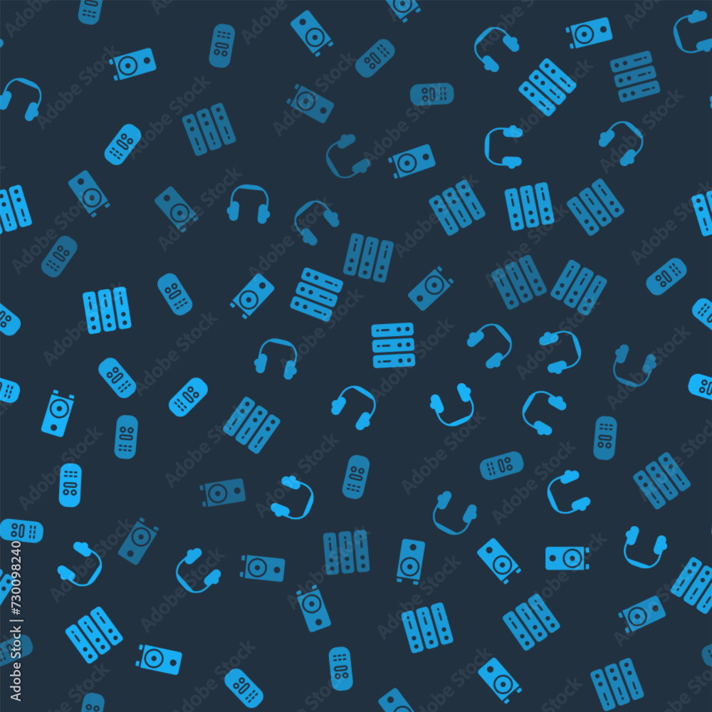 Poster set stereo speaker, headphones, server, data, web hosting and remote control on seamless pattern. ve