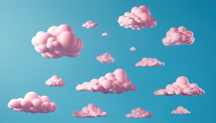 pink rose 3d clouds set isolated on a blue background. 3d Render soft round fluffy clouds icon in the blue background.