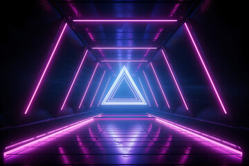 Neon light abstract background. Trapezoid and triangle tunnel violet neon glowing lights. Laser lines and LED technology create glow in dark room. Cyber club neon light stage room.