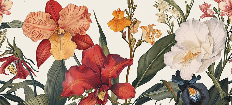 Fototapeta Classic botanical illustration of flowers.Vintage Florals. the arrival of spring.