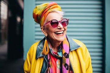 Portrait of a happy senior woman in sunglasses and colorful headscarf