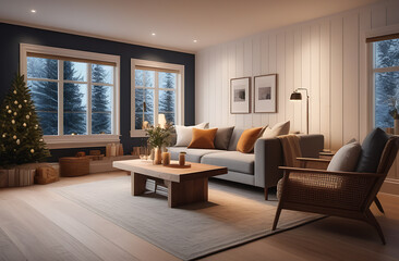 Interior of living room filled with gentle shades and natural materials, creating the perfect hygge space in winter time