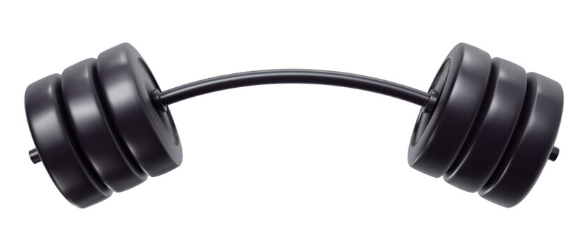 Heavy black curved barbell in bright cartoon 3d style. Cute modern minimal vector illustration.