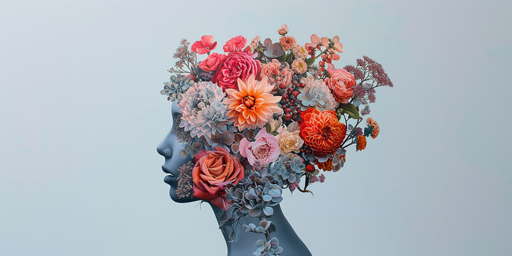 profile of a girl's face with different flowers on her head. Concept of dream, meditation, transcendental consciousness and creative mind or mental problems.