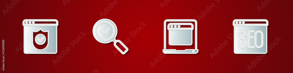 Poster set browser with shield, magnifying glass check mark, laptop browser window and seo optimization ico