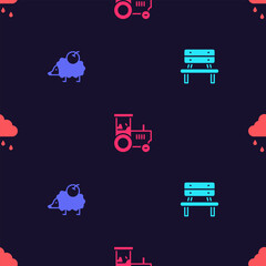 Set Bench, Hedgehog, Tractor and Cloud with rain on seamless pattern. Vector