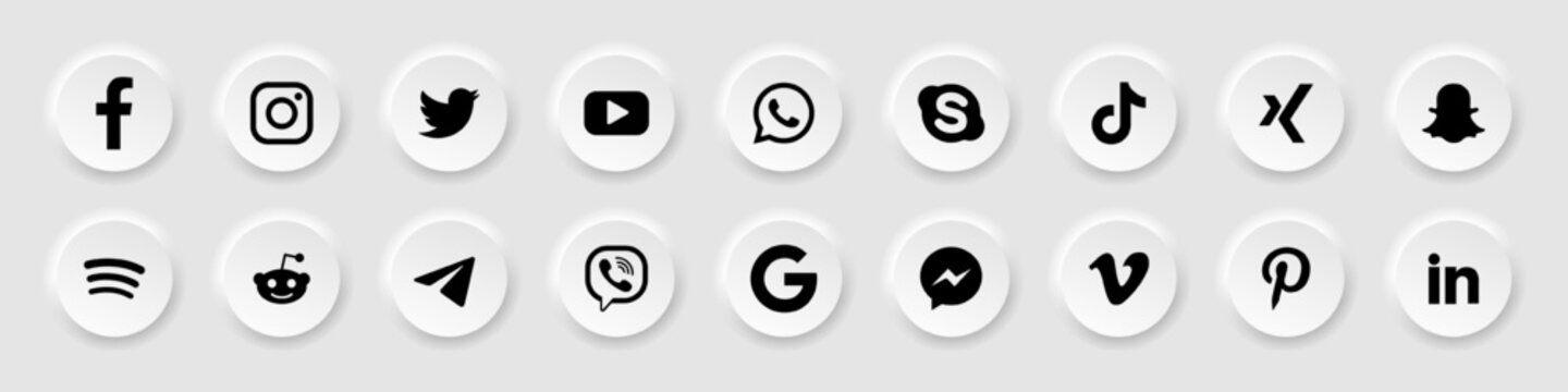 Social media icons. Facebook, twitter, instagram, youtube, snapchat, pinterest, whatsap, linkedin, periscope, vimeo. Collection of popular social media logo. White user interface neumorphism
