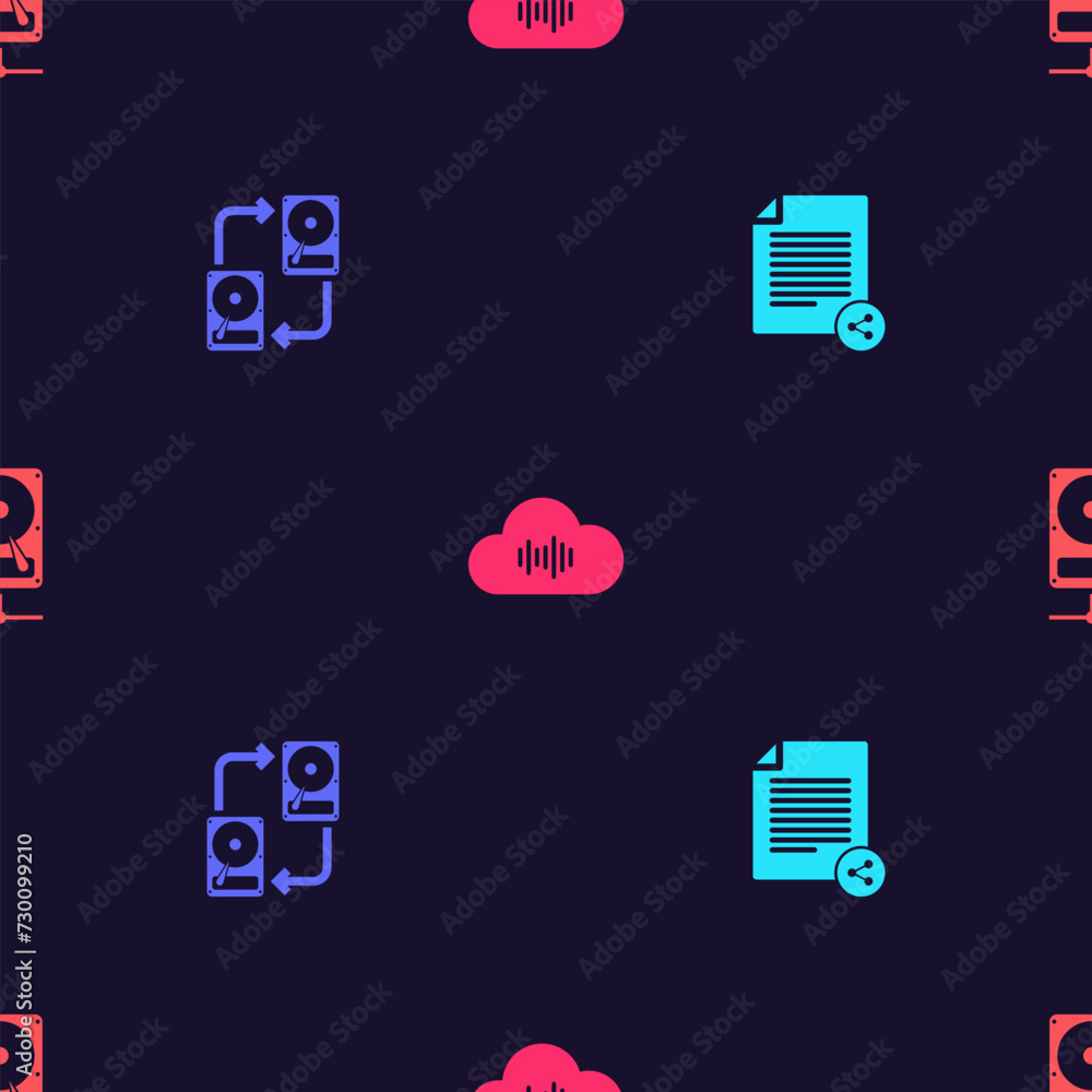 Poster set share file, data exchange with hhd, music streaming service and hard disk drive on sharing netwo