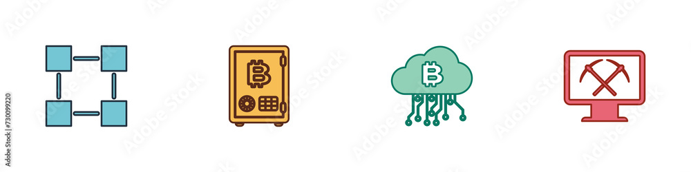 Poster set blockchain technology, proof of stake, cryptocurrency cloud mining and mining with monitor and p