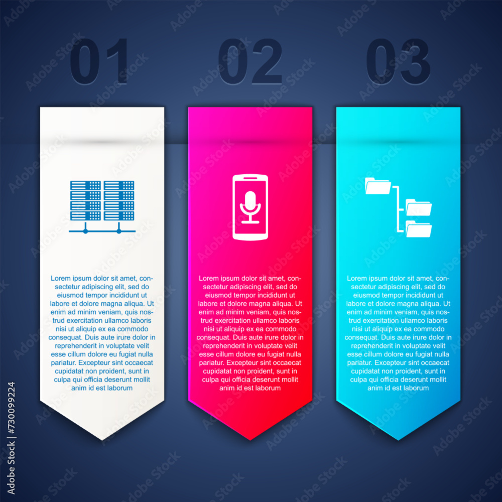 Poster set server, data, web hosting, mobile recording and folder tree. business infographic template. vect