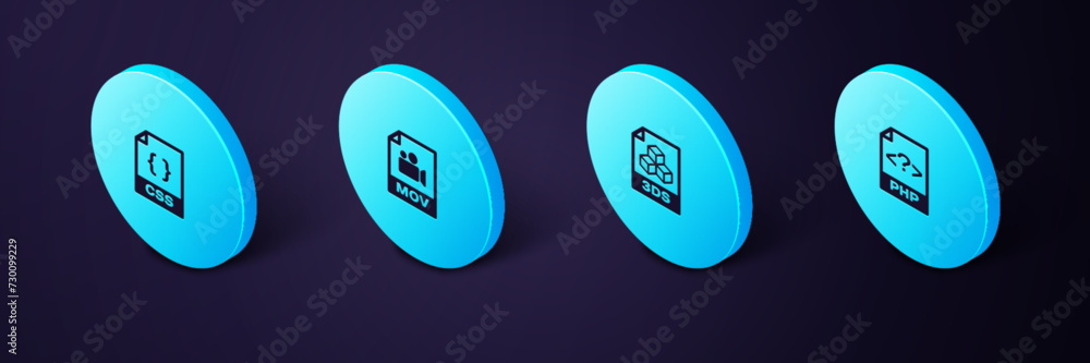 Poster set isometric php file document, 3ds, mov and css icon. vector