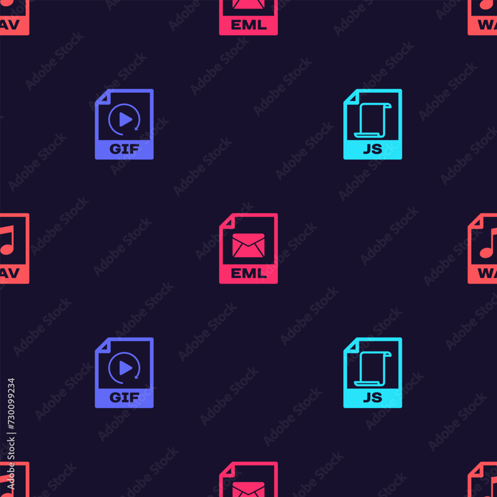 Poster set js file document, gif, eml and wav on seamless pattern. vector