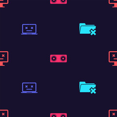 Set Delete folder, Dead laptop, Stereo speaker and monitor on seamless pattern. Vector