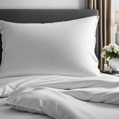Crispy white pillows on white sheets, hotel room
