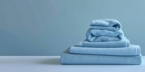 Stack of towels on a table, perfect for promoting hospitality businesses, home decor products, and spa services in web and print.