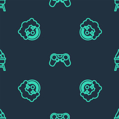 Set line Gamepad, Clown head and Barbecue grill on seamless pattern. Vector