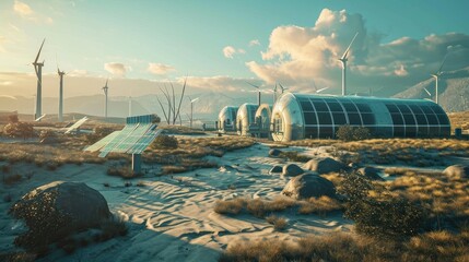 A mixed renewable energy plant with towering wind turbines and solar panels set in a natural landscape under a sunny sky.