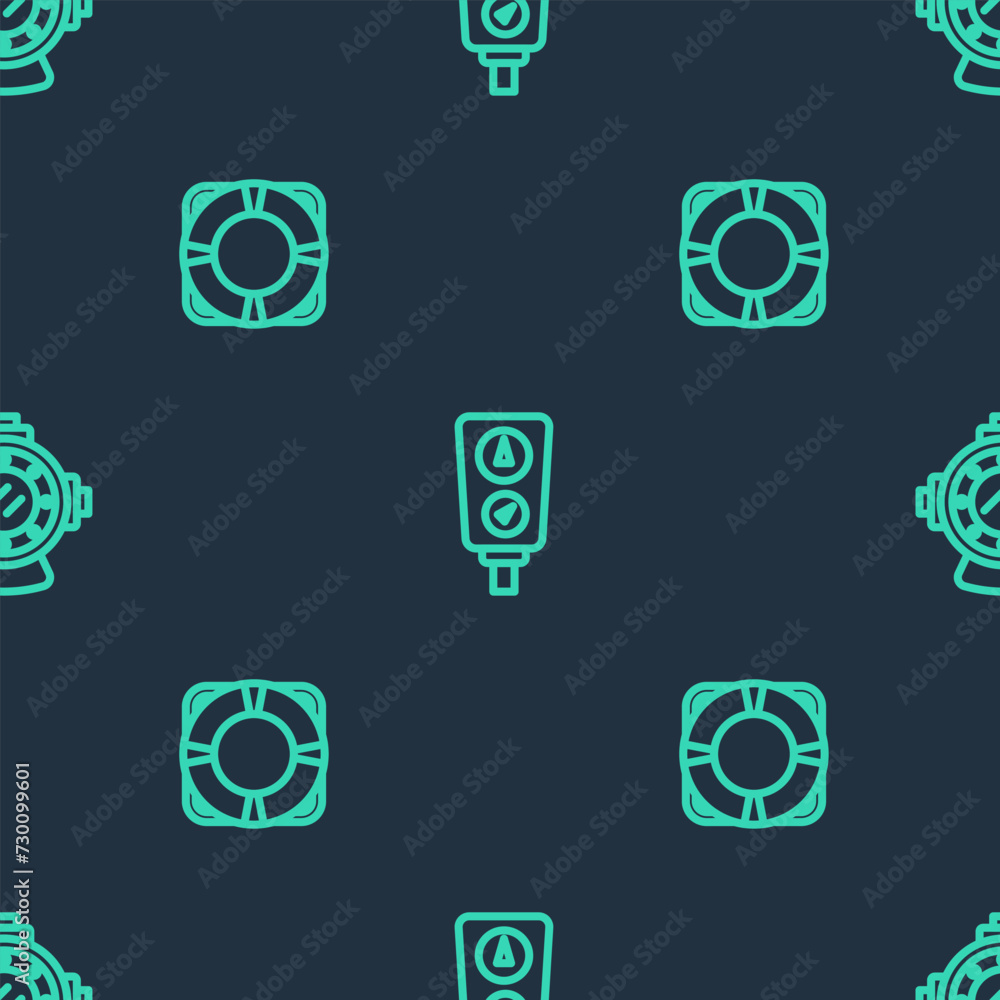Poster set line gauge scale, lifebuoy and aqualung on seamless pattern. vector