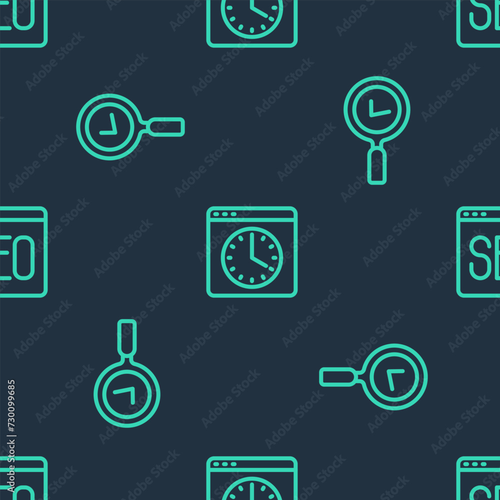 Poster set line browser window, magnifying glass with check mark and seo optimization on seamless pattern. 