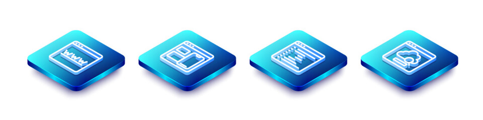 Set Isometric line Browser window, Web developer programming code, and Cloud technology data transfer icon. Vector