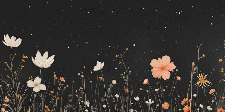 Graphic wildflowers are drawn on a dark background. Floral background.