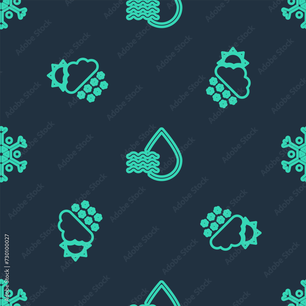 Poster set line water drop percentage, cloud with snow and sun and snowflake on seamless pattern. vector
