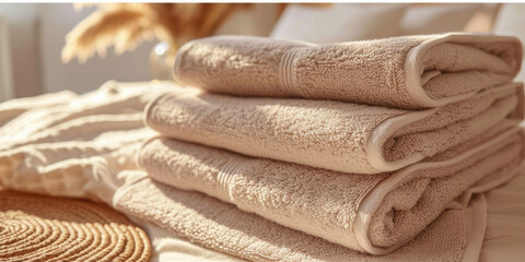 beige towel stack at the edge of a bed,modern bedroom
 - obrazy, fototapety, plakaty