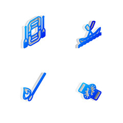 Set Isometric line Rafting boat, , Burning match with fire and Compass icon. Vector