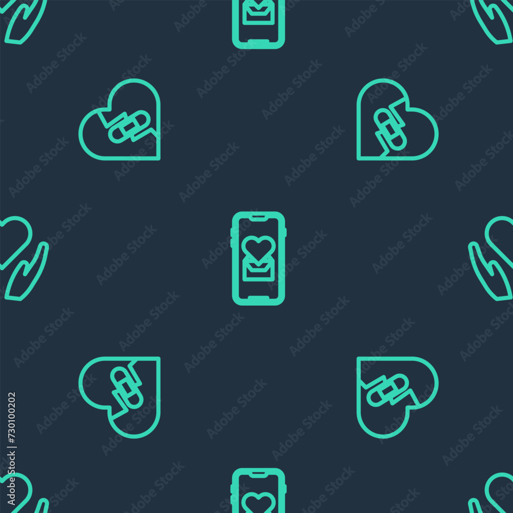 Poster set line mobile with heart, healed broken and heart in hand on seamless pattern. vector