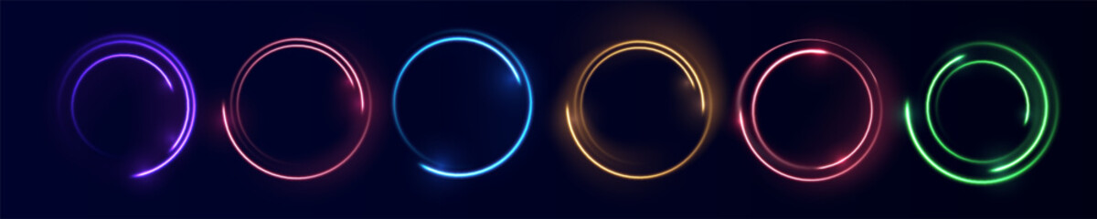 Neon circle frame on blue background. Glowing neon circle frame. Set of neon glowing circles. Glowing rings on dark background. Vector illustration	