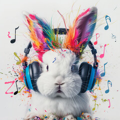 A funny white rabbit with colorful ears listens to music on headphones on a white background with notes - obrazy, fototapety, plakaty