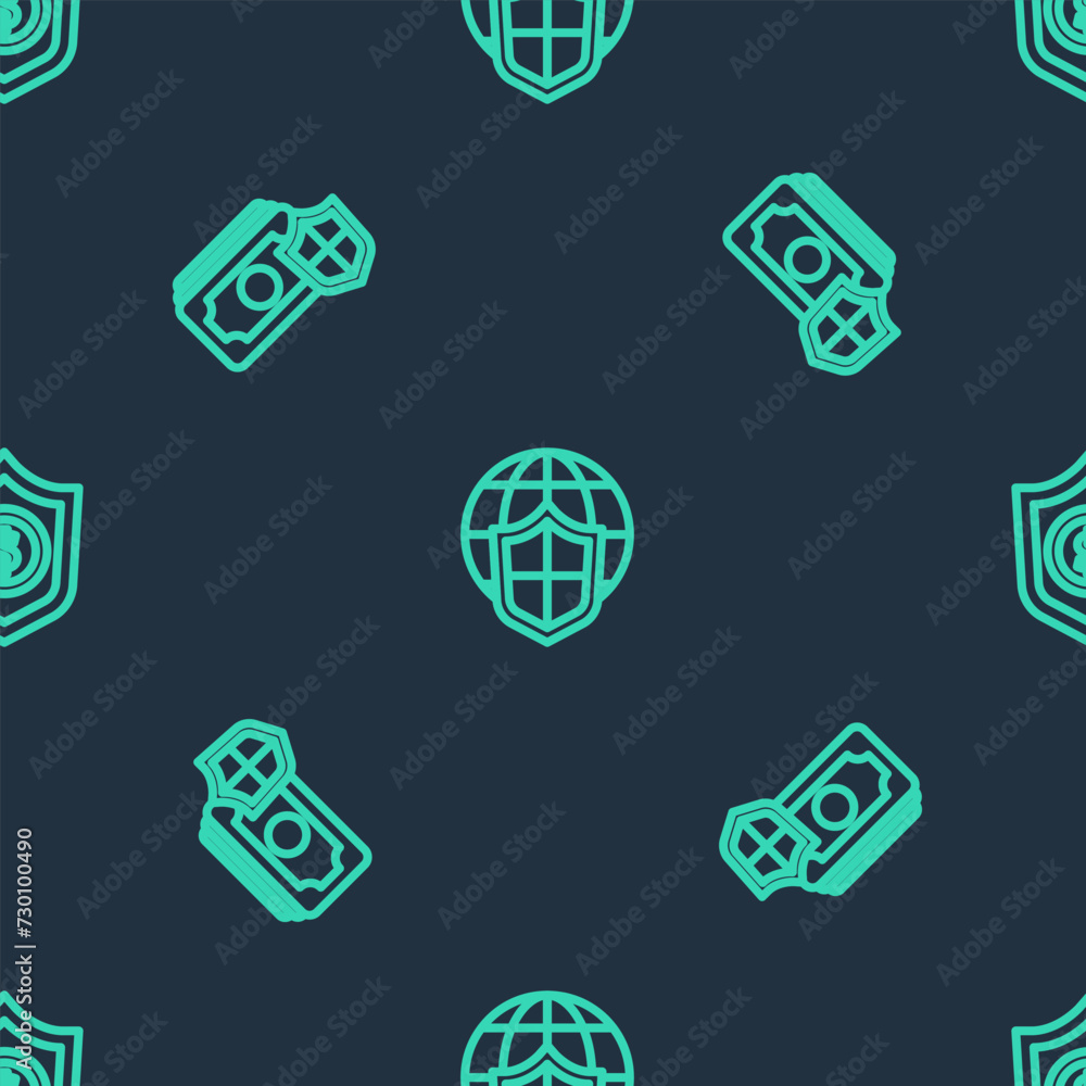 Poster set line shield with world globe, money shield and dollar on seamless pattern. vector