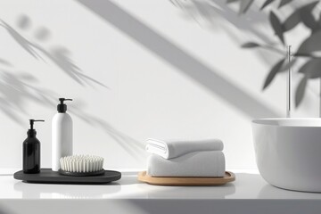 Spa and wellness products on a white shelf. Bathroom interior 