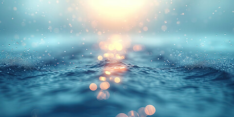 a close up of blue water and sun with bokeh light on blur background