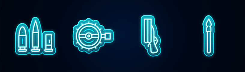 Set line Bullet and cartridge, Trap hunting, Shotgun and Medieval spear. Glowing neon icon. Vector