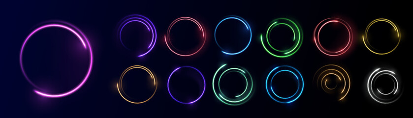 Neon circle frame on blue background. Glowing neon circle frame. Set of neon glowing circles. Glowing rings on dark background. Vector illustration	