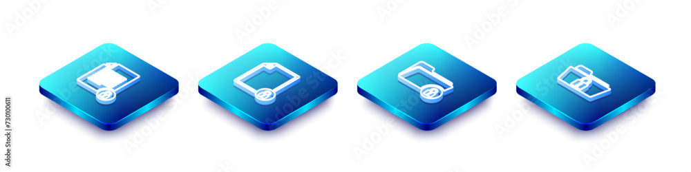 Poster set isometric line document and lock, , folder and icon. vector