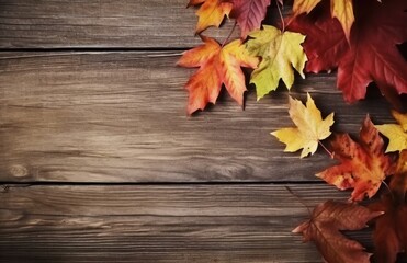 Autumn yellow red leafs border frame on dark brown barn wood planks background. Horizontal postcard template. Empty space for copy, text, lettering.