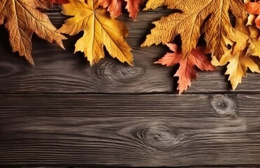 Obraz premium Autumn yellow red leafs border frame on dark brown barn wood planks background. Horizontal postcard template. Empty space for copy, text, lettering.