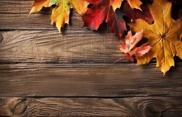 Naklejka na ściany i meble Autumn yellow red leafs border frame on dark brown barn wood planks background. Horizontal postcard template. Empty space for copy, text, lettering.