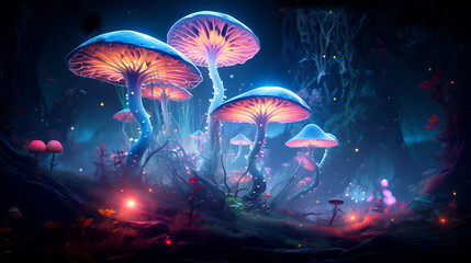 Obraz na płótnie Canvas Beautiful lighting of the mushroom which glows stunning neon fantasy colors in the night