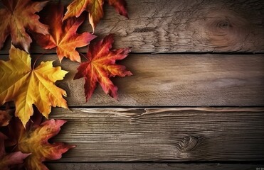 Obraz premium Autumn yellow red leafs border frame on dark brown barn wood planks background. Horizontal postcard template. Empty space for copy, text, lettering.