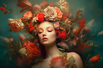Sensual Woman drowning in Flowers. Self-love. Fragrances, perfumes. Soft focus, blur