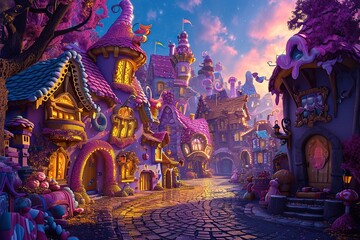 Magic castle, fairytale palace with buildings from candy and the streets are paved with gold . Fantasy fortress, medieval architecture