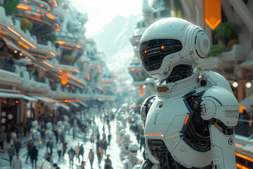 Futuristic cityscape with humanoid androids seamlessly integrated into everyday life, showcasing the harmonious coexistence of robots and humans