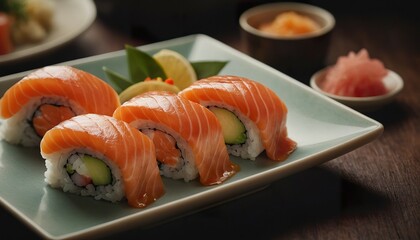 beautiful arrangement of Japanese salmon sushi