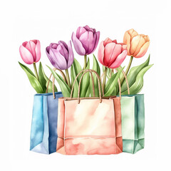 Watercolor painted shopping bag with spring tulip flowers bouquet illustration on white background. Watercolor painted realistic clip art for ads, banners and poster design