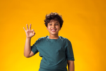 Smiling child boy showing ok gesture. Positive emotions concept